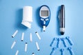 Glucometer with test strips and other objects. Devices for measuring of glucose in the blood