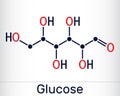 Glucose, dextrose, D-glucose, glucopyranose, C6H12O6 molecule. It is simple sugar, monosaccharide, subcategory of carbohydrates.