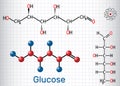 Glucose dextrose, D-glucose molecule. Linear form. Sheet of paper in a cage. Structural chemical formula and molecule model