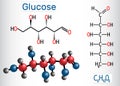 Glucose dextrose, D-glucose molecule. Linear form. Structural chemical formula and molecule model