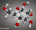 Glucose, dextrose, D-glucose molecule. Molecular model. 3D rendering