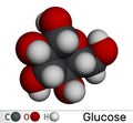 Glucose, dextrose, D-glucose molecule. Molecular model. 3D rendering