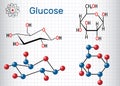 Glucose dextrose, D-glucose molecule. Sheet of paper in a cage. Structural chemical formula and molecule model