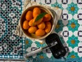 Glucose meter with fresh raw vegetables and fruits , desk of healthy organic vegetables, concept for healthy eating and s