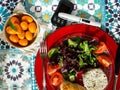 Glucose meter with fresh raw vegetables and fruits , desk of healthy organic vegetables, concept for healthy eating and