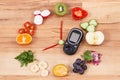 Glucose meter with fruits and vegetables in shape of clock, healthy eating for breakfast concept Royalty Free Stock Photo