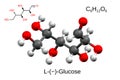 Chemical formula, structural formula and 3D ball-and-stick model of L-glucose, linear form, white background