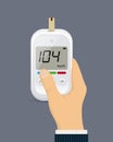 Glucose sugar test in hand icon. Glucometer vector blood monitor. Diabetes sugar meter insulin control device Royalty Free Stock Photo