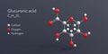 glucuronic acid molecule 3d rendering, flat molecular structure with chemical formula and atoms color coding