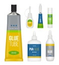 Glue packages. Stationary collection bottles stick tubes for liquid glue vector realistic set