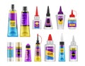Glue packaging. Glues tubes, realistic adhesive stick and bottle plastic packs 3d isolated vector illustration