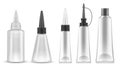 Glue packing. Realistic tubes and bottles for adhesive, tooth paste and cosmetic products. Isolated vector set