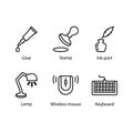 Glue, Stamp, Ink port, Lamp, Wireless mouse, Keyboard, icon Royalty Free Stock Photo