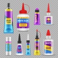 Glue sticks. Adhesive super glue tubes and bottles. Realistic isolated vector set