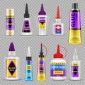 Glue tubes. Adhesive stick and bottle plastic packaging 3d isolated vector illustration