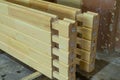 Glued pine timber beams in woodworking factory