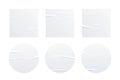 Glued white square and circle paper sheets set. Vector isolated realistic crumpled posters bundle. Wet greased wrinkles