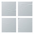 Glued white square paper sheets set. Vector isolated realistic crumpled posters bundle. Wet greased wrinkles blank