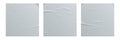 Glued white square paper sheets set. Vector isolated realistic crumpled posters bundle. Wet greased wrinkles blank