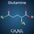 Glutamine Gln , Q amino acid molecule. Structural chemical formula on the dark blue background