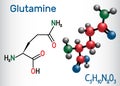 Glutamine Gln , Q amino acid molecule. Structural chemical formula and molecule model