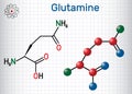 Glutamine Gln , Q amino acid molecule. Structural chemical formula and molecule model