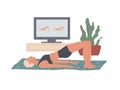 Glute Bridge. Woman performs exercises at home lying on the floor, raising her buttocks leaning on the top of her back
