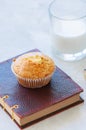 Gluten free almond flour apple muffin on a note book with glass Royalty Free Stock Photo