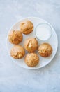 Gluten free almond flour muffins with apples and glass of milk i Royalty Free Stock Photo