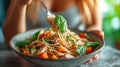 Gluten-Free Alternative, Close-Up of a Person Enjoying a Gluten-Free Buckwheat Pasta Dish, Emphasizing the Health