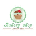 Gluten free bakery shop logo. Cute cupcake on striped background, retro style badge. Royalty Free Stock Photo