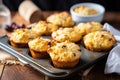 gluten-free breakfast muffins on a rustic bakery tray