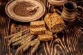 Gluten free food. Various bread with seeds of goji berry on wooden background from top view. Healthy and diet concept Royalty Free Stock Photo