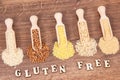 Gluten free inscription with groats, amaranth, rice and quinoa seeds, healthy food concept