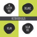 Gluten free, Organic, Vegan, Sugar free icons. Food logo set. Vector illustration for product, design, menu, sticker, label,