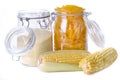 Gluten free pasta and flour in jars and fresh corn