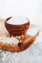 Gluten free rice flour in a wooden bowl Royalty Free Stock Photo