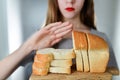 Gluten intolerance and diet concept. Young girl refuses to eat w Royalty Free Stock Photo