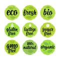 Gluten, lactose, sugar, gmo free lettering. Sign 100 organic food