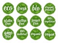 Gluten, lactose, sugar, Gmo free, bio, eco, fresh, vegan, vegetarian calligraphic lettering with leaf, cube, drop. Vector white