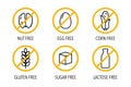 Gluten, sugar free, lactose intolerant. Set of isolated vector label icons for packaging design of food intolerance and