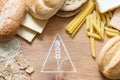 Gluten warning sign symbol with cakes, pastas and bread