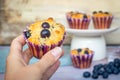 Glutenfree almond flour blueberry muffins on white plate and wooden background