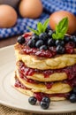 Glutten-free pancakes with jam and blueberries