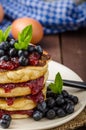 Glutten-free pancakes with jam and blueberries