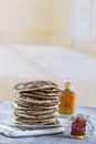 Glutten-free pancakes with jam and Maple syrup, ingredients, background