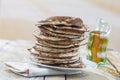 Glutten-free pancakes with jam and Maple syrup, ingredients, background