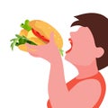 Gluttony concept. Fat and overweight person want to eat food. Vector