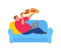 Gluttony fat obese man eating large slice of pizza lying on the sofa vector