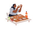 Gluttony and overeating concept. Hungry chunky woman eating lot of fat fast junk food, pizza, soda drink. Unhealthy high